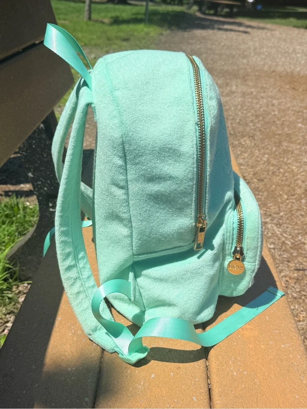 Stoney Clover Lane x Target Aqua Terry Backpack Happy Love Love Gold Tone
